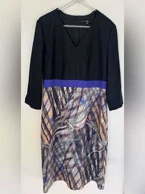 Boss Black & Purple Waist-Detail Printed Sheath Dress Wool Size 10